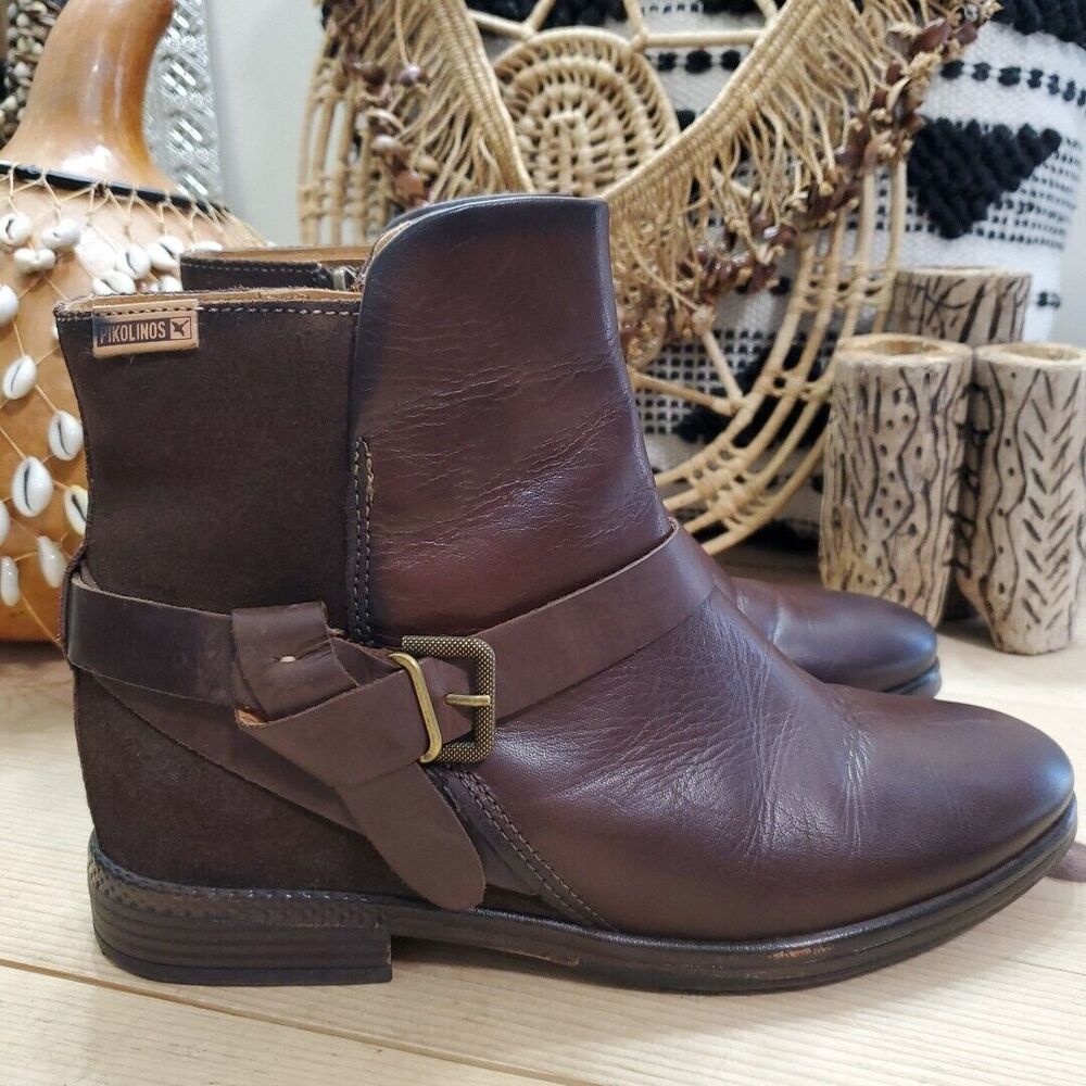 Pikolinos Ordino Women US 8.5/EU 39 Harness Buckle Ankle Boots Leather Suede EUC